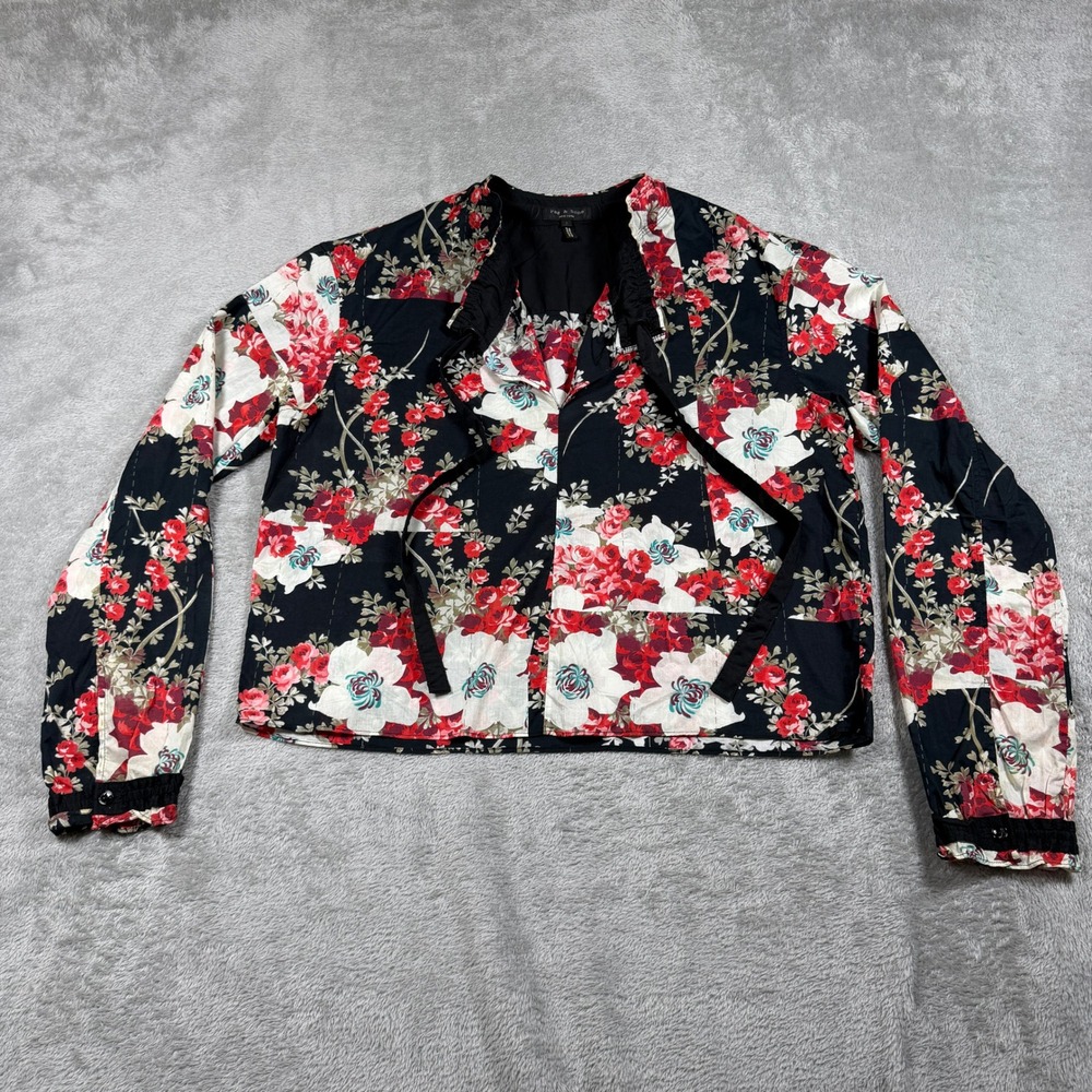 Rag & Bone Floral Blouse Womens Small Black Red AOP Asian Quilted Stitching